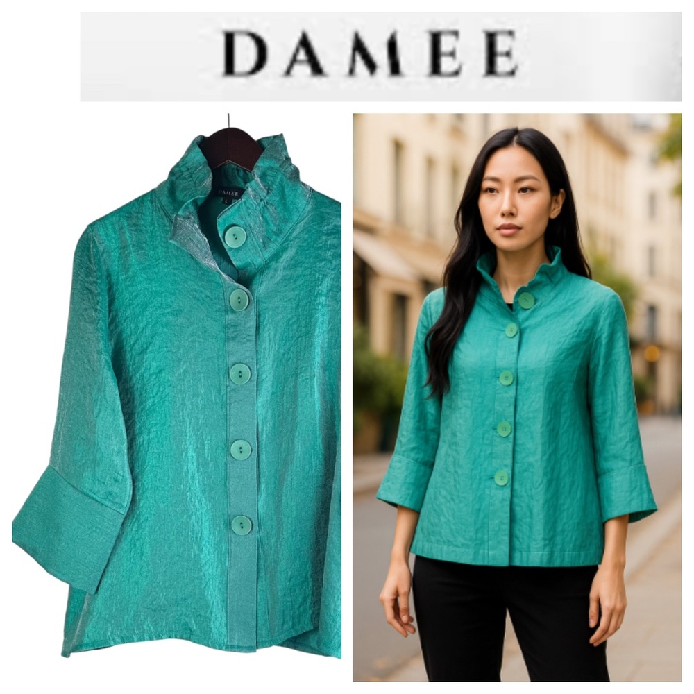 Damee Jacket Blazer Sz Large 12 14 Metallic Teal Turquoise Art to Wear Elegant